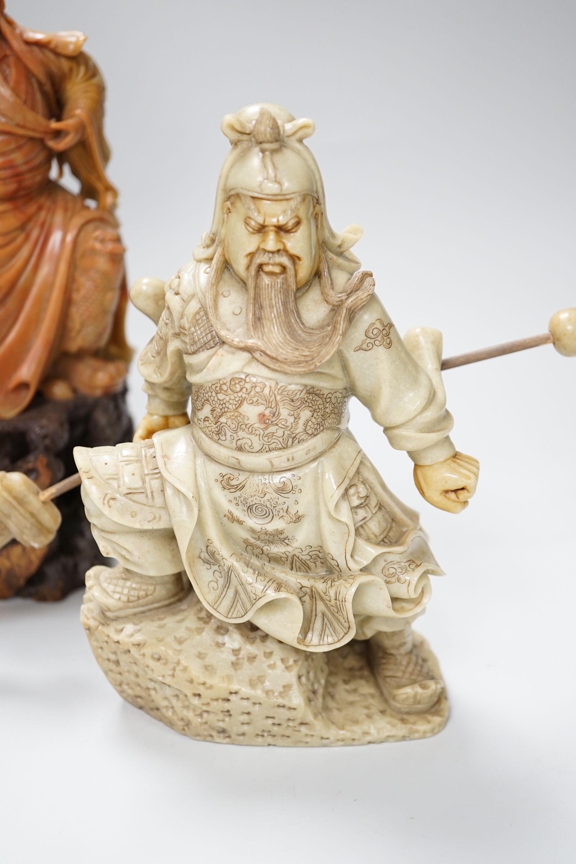 Two Chinese soapstone figures of Confucius and Guan Yu, tallest 26cm high